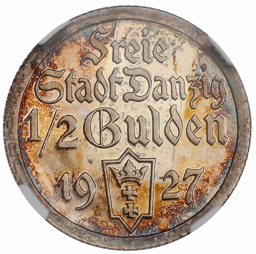 WM Gdańsk / Danzig 1/2 guldena 1927, stempel lustrzany, srebro, NGC PF 66 CAMEO najwyższa nota gradingowa na świecie z kolekcji Henryka Karolkiewicza